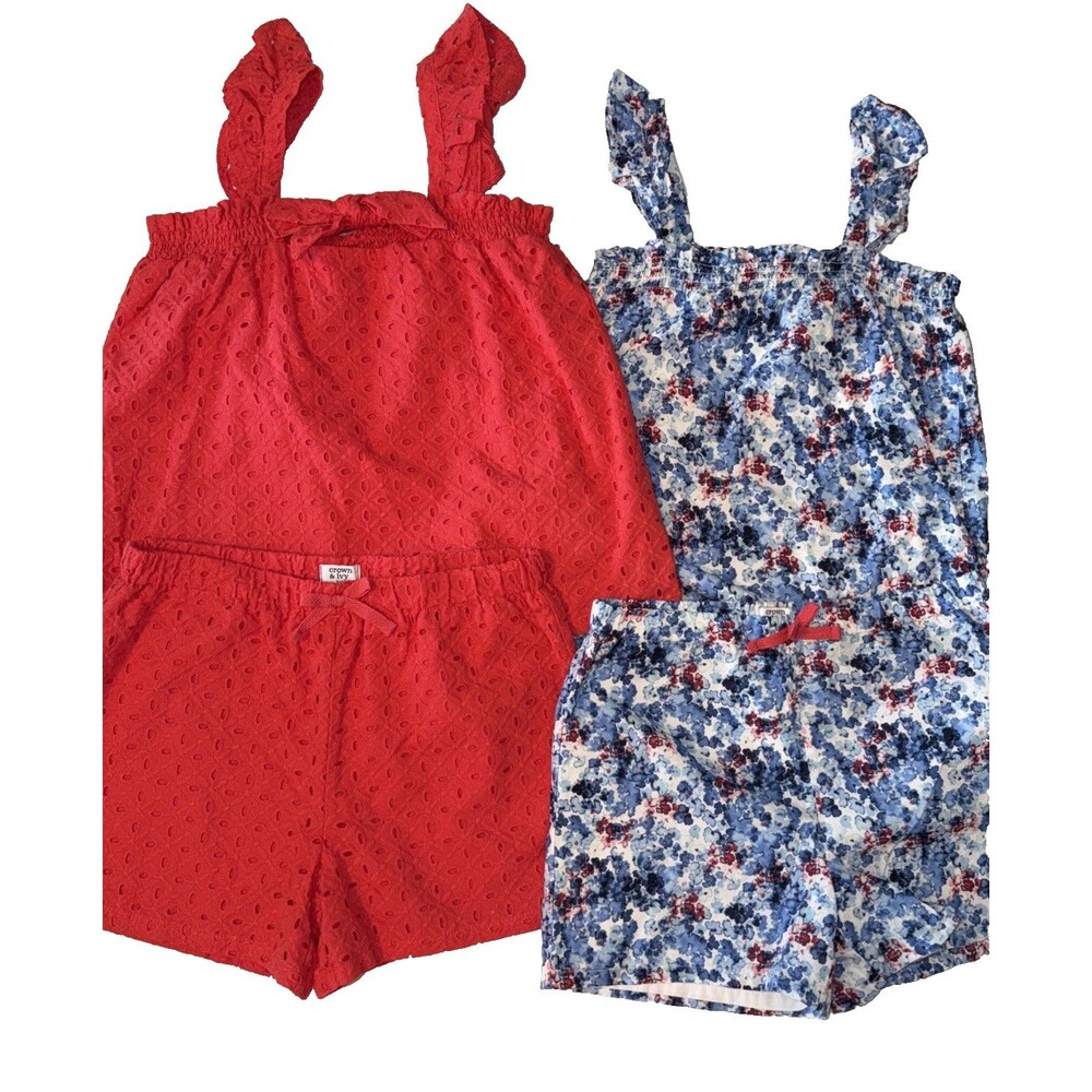 Crown & Ivy Girls XL Red Eyelet & Blue Floral Tank Shorts Sets 4 Piece Mix Match